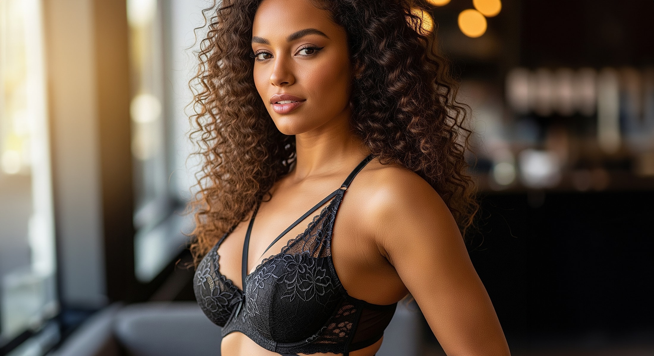 Abuja Breast Augmentation model in elegant black lingerie portrait.