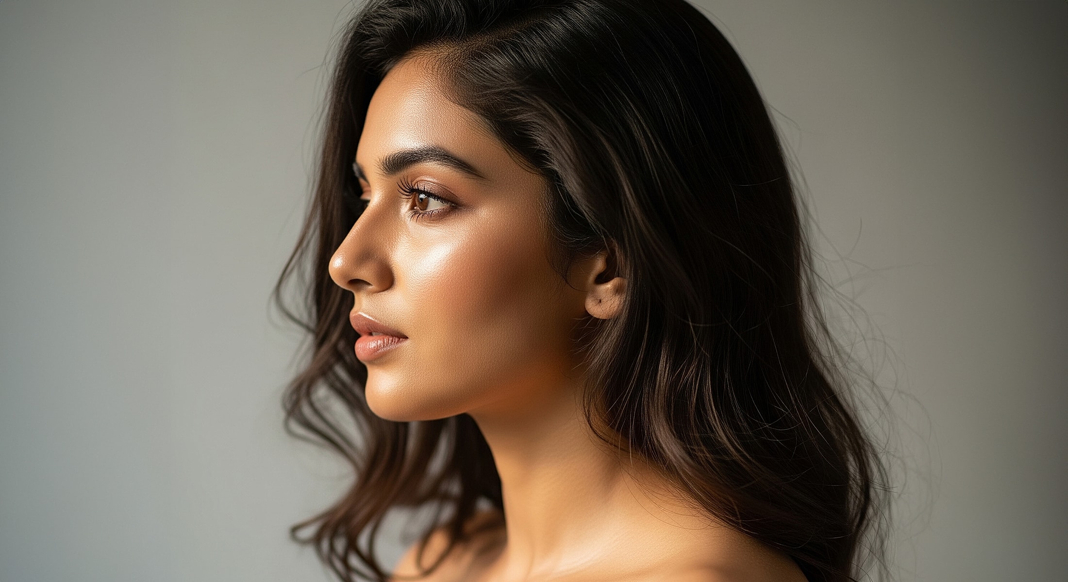 Abuja Neck Lift model with long, wavy hair.