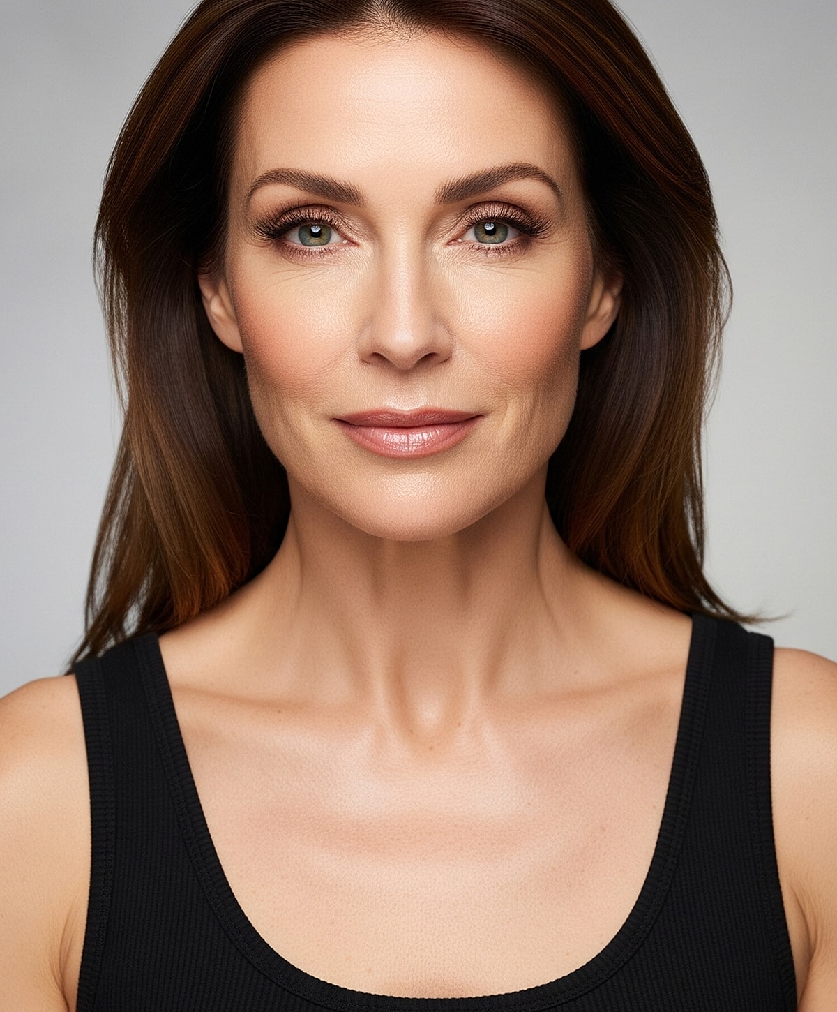 Woman with natural makeup and long brown hair.
